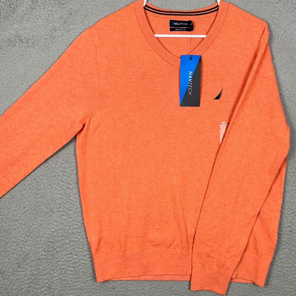 NEW Nautica Sweater Mens Medium Navtech V-Neck Orange Knit Casual Long Sleeve